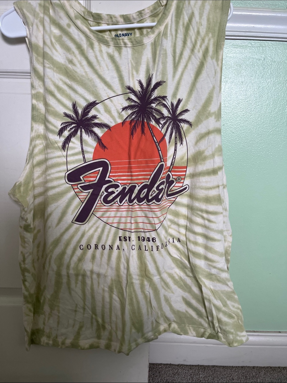 Old Navy Green Tie-Dye Fender Graphic tank top with Fender graphic